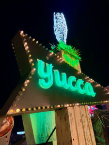 Photo of a neon sign saying Yucca in an arrow shape, topped with a design of a yucca bloom